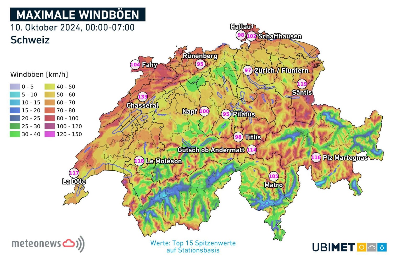 Maximale Windböen am Donnerstagmorgen in der Schweiz.