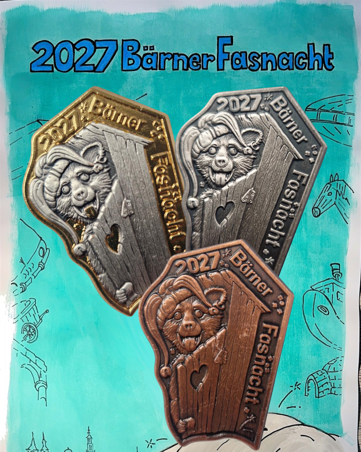 Bärner Berner Fasnacht 2027 Plakette Fasnachtsbär Bärebefreiig 2025
Gestaltet von Kenny Rickenbach der Wagengruppe Schisshüsler aus Münsingen