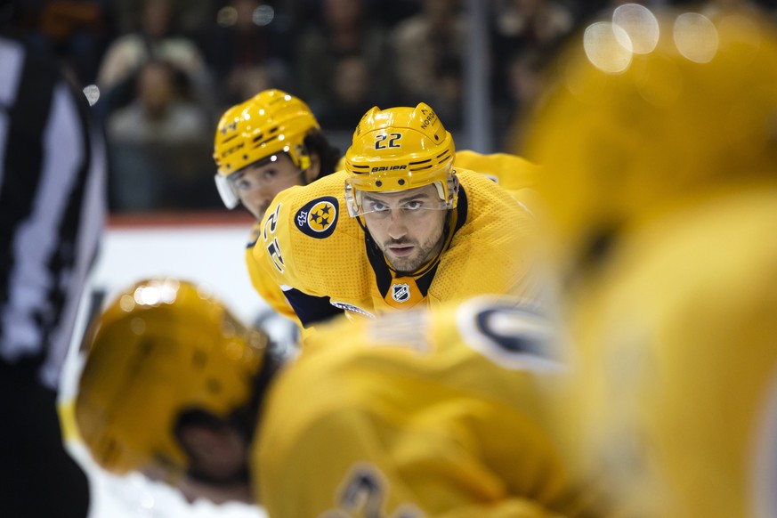 Nashville&#039;s Nino Niederreiter looks on during the NHL Global Series Challenge ice hockey match between SC Bern and Nashville Predators at the PostFinance Arena in Bern, Switzerland, Monday, Oct.  ...