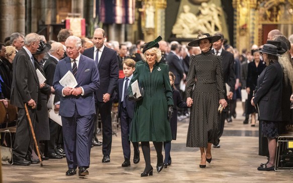 Britain&#039;s Prince Charles and Camilla, Duchess of Cornwall lead members of the royal family out after a Service of Thanksgiving for the life of Prince Philip, Duke of Edinburgh, at Westminster Abb ...