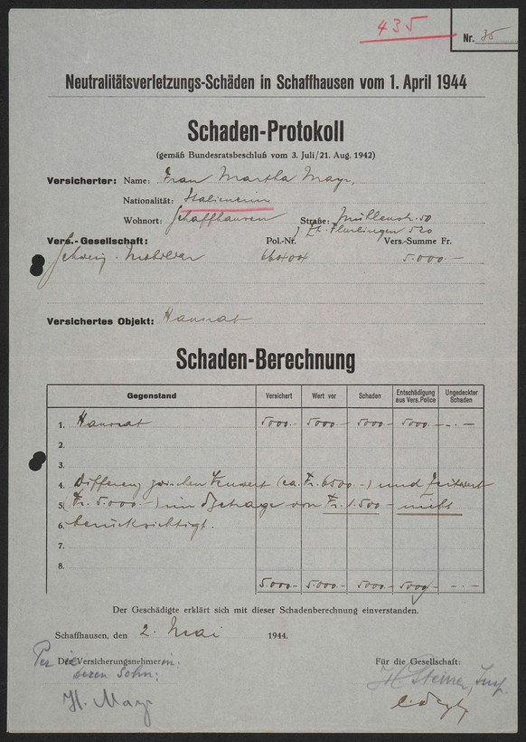 Schadenprotokoll der Bombenschäden in Schaffhausen.