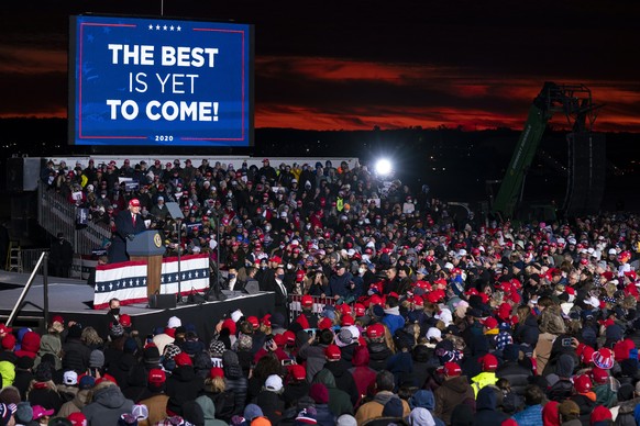 President Donald Trump speaks during a campaign rally at Cherry Capital Airport, Monday, Nov. 2, 2020, in Traverse City, Mich. (AP Photo/Evan Vucci)
Donald Trump