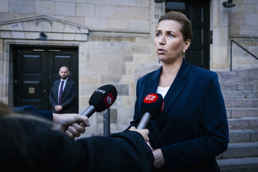 epa12399276 Prime Minister Mette Frederiksen holds a doorstep at Christiansborg Palace and comments on drone activity at Copenhagen Airport, in Copenhagen, Denmark, 23 September 2025. Drones were spot ...