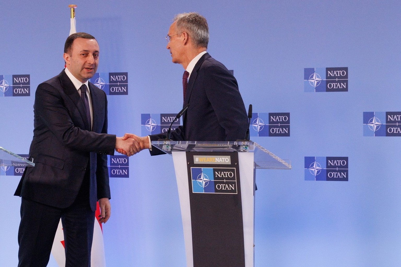 epa10590787 Georgia&#039;s Prime Minister Irakli Garibashvili (L) and NATO Secretary General Stoltenberg shake hands after the press conference at Alliance headquarters in Brussels, Belgium, 25 April  ...