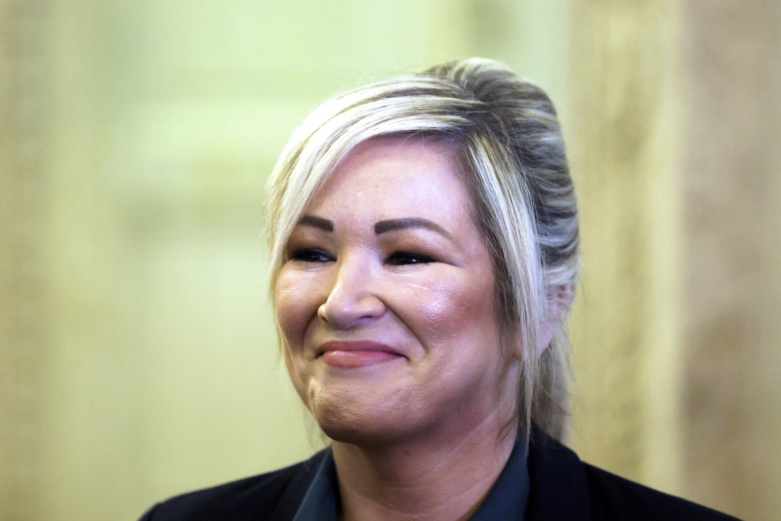 Sinn Fein&#039;s members Michelle O&#039;Neill smiles during a press conference at parliament buildings, Stormont, Northern Ireland, Tuesday, Jan 30, 2024. Sinn Fein&#039;s Michelle O&#039;Neill is no ...
