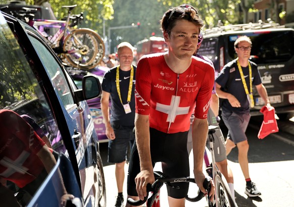epa12241406 Swiss rider Mauro Schmid of Team Jayco AlUla looks on after finishing second in the 11th stage of the Tour de France cycling race over 156.8km around Toulouse, France, 16 July 2025. EPA/CH ...
