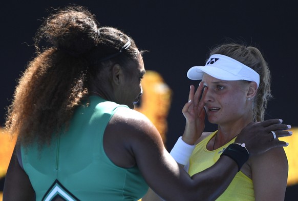 United States&#039; Serena Williams consoles Ukraine&#039;s Dayana Yastremska after winning their third round match at the Australian Open tennis championships in Melbourne, Australia, Saturday, Jan.  ...