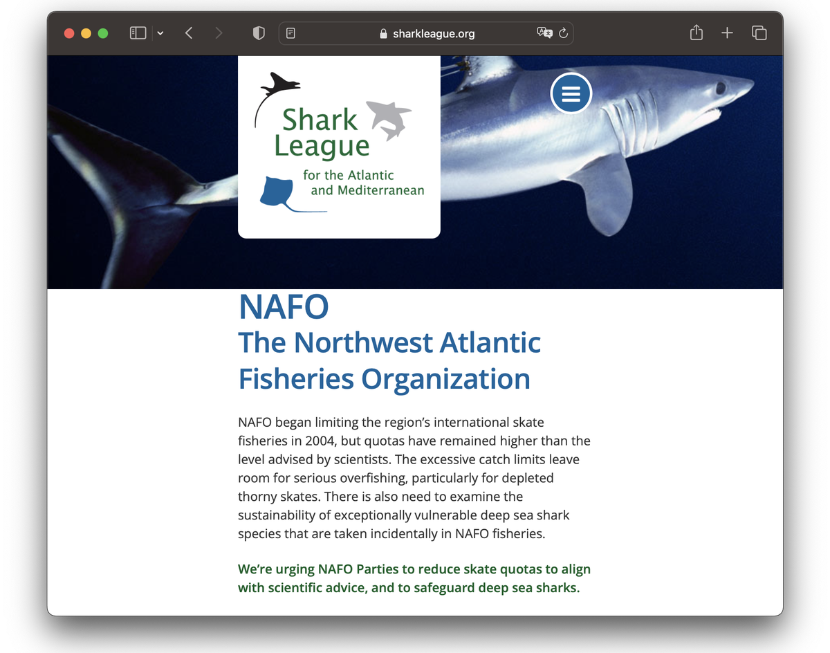 Screenshot: sharkleague.org, das Internet-Kollektiv NAFO hat nichts mit The Northwest Atlantic Fisheries Organization (NAFO) zu tun.