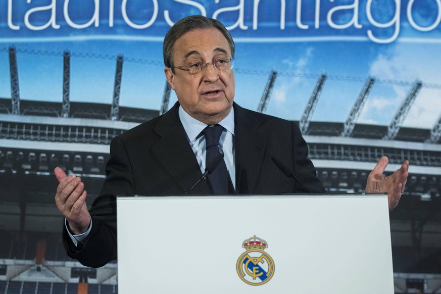 A file picture shows Real Madrid s president Florentino Perez during a press conference, PK, Pressekonferenz back in 2015 reissued 01 April 2021. Florentino Perez has demanded the Electoral Board to s ...