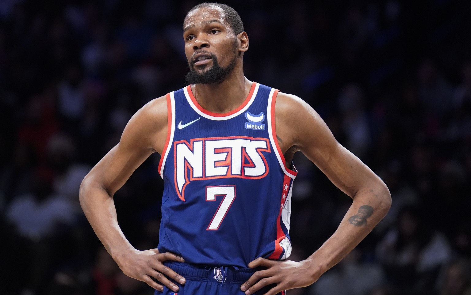 FILE - Brooklyn Nets forward Kevin Durant reacts to a referee&#039;s call during the first half of the team&#039;s NBA basketball game against the Miami Heat, Thursday, March 3, 2022, in New York. Kev ...