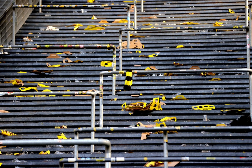 epa10658116 A deserted stand at the stdium after the German Bundesliga match between Borussia Dortmund and Mainz 05 in Dortmund, Germany, 27 May 2023. The match ended 2-2 and both Bayern Munich and Bo ...