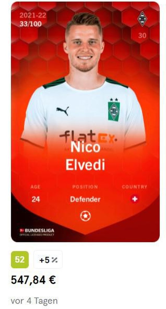 Eine der 100 Rare-Karten von Nico Elvedi aus der Saison 2021/22.