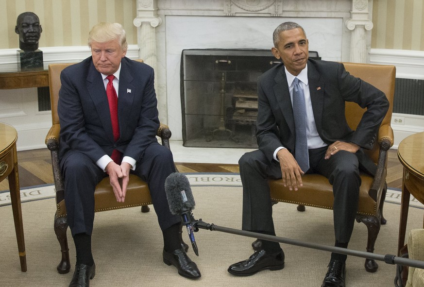 epa05831775 (FILE) - A file picture dated 10 November 2017 shows then US President Barack Obama (R) and President-elect Donald Trump (L) meet in the Oval Office of the White House in Washington, DC, U ...