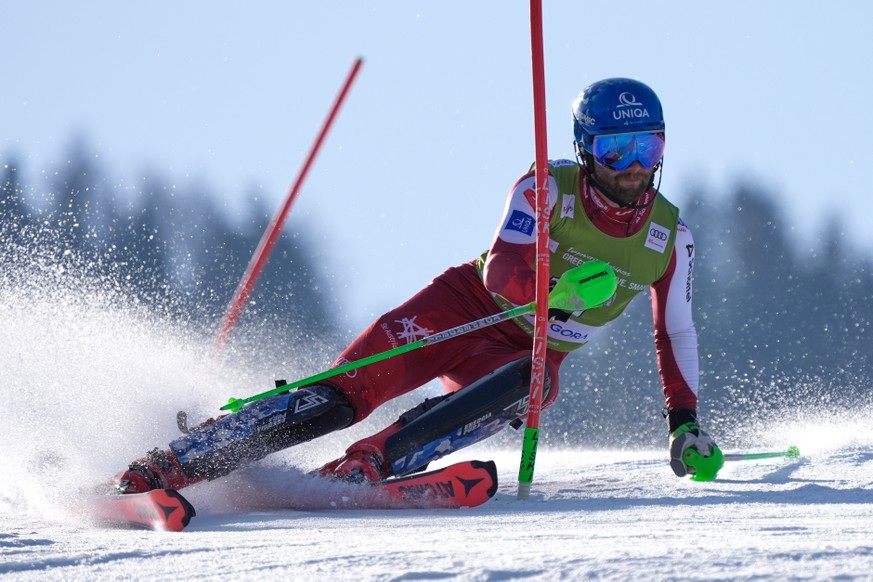 Austria's Marco Schwarz competes in an alpine ski, men's World Cup slalom, in Kranjska Gora, Slovenia, Sunday, March 8, 2026. (AP Photo/Giovanni Auletta)
Marco Schwarz