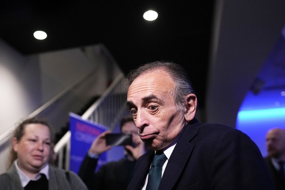 French politician Eric Zemmour arrives for the National Conservatism conference in Brussels, Wednesday, April 17, 2024. (AP Photo/Virginia Mayo)