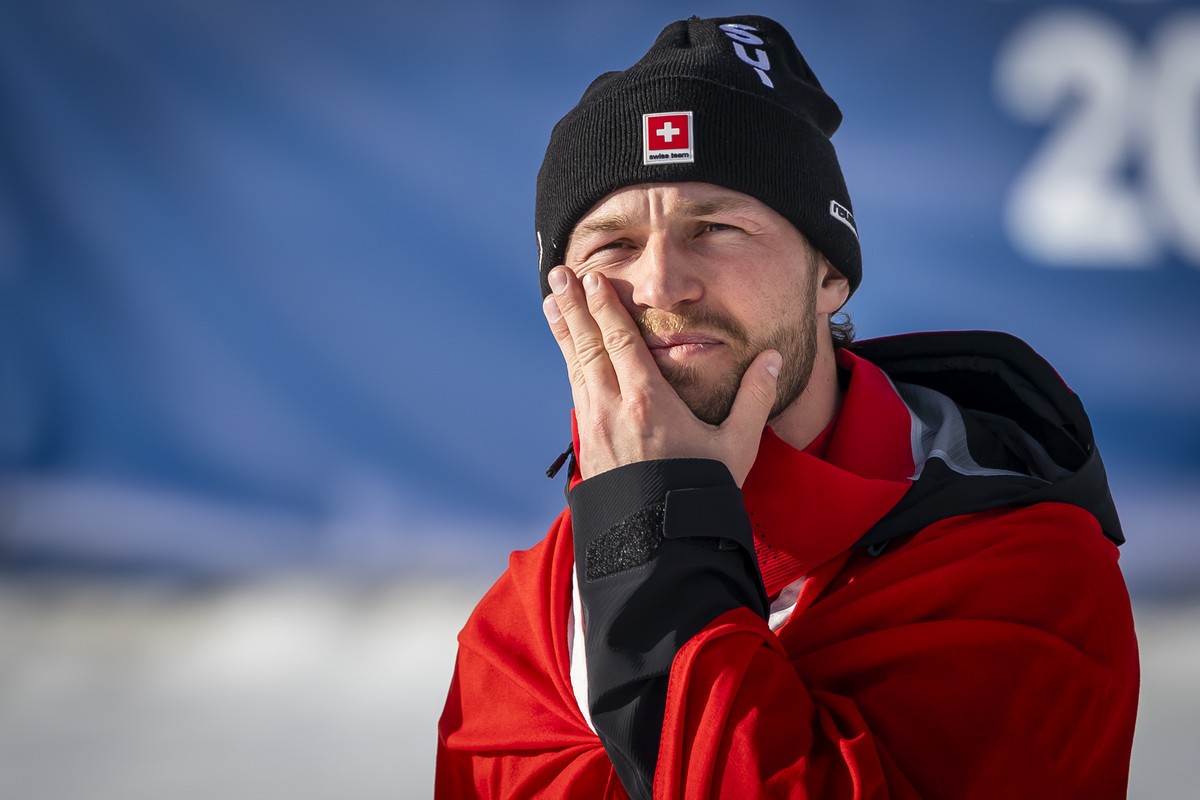 Switzerland's Alexis Monney, reacts in finish area during the men's alpine skiing team combined slalom race at the 2026 Olympic Winter Games at the Stelvio Ski centre in Bormio, Italy, on Mo ...