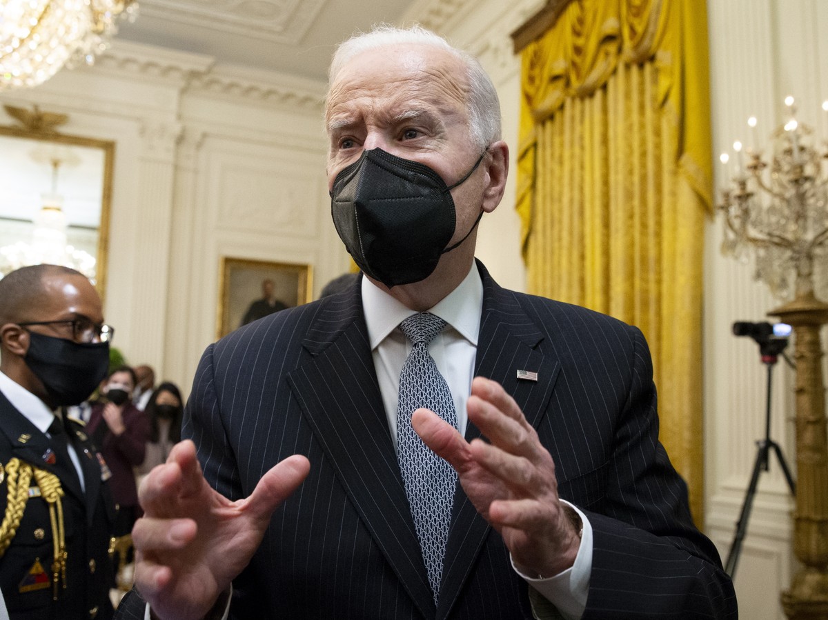epa09723685 US President Joe Biden briefly speaks about the situation in Ukraine and sending more United States forces to eastern Europe, at the end of an event held to 'reignite the Cancer Moons ...