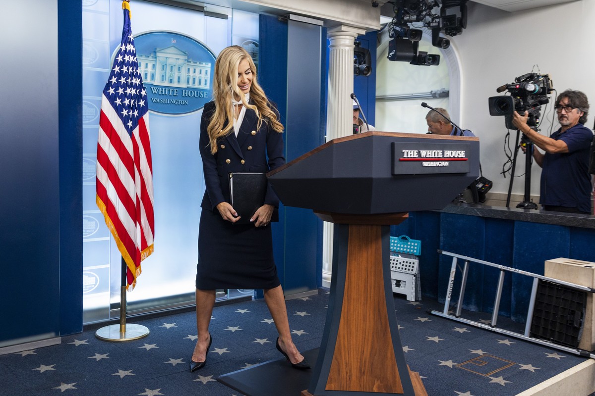 epa13300492 New White House Press Secretary Katie Zacharia departs after delivering her first press conference in the White House Press Briefing Room in Washington, DC, USA, 13 October 2026. Zacharia  ...