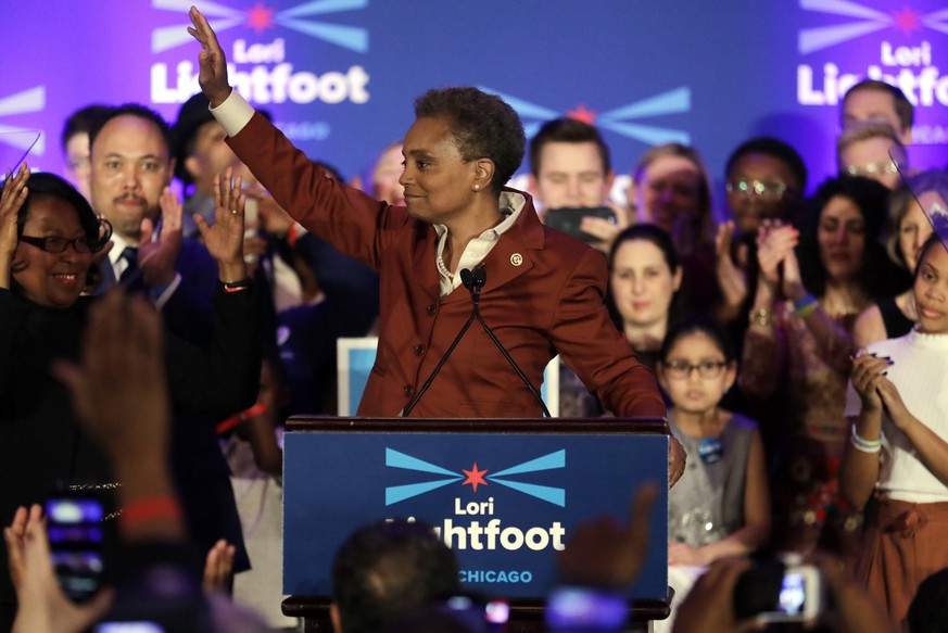 Lori Lightfoot waves to supporters as she speaks at her election night party Tuesday, April 2, 2019, in Chicago. Lightfoot was elected Chicago mayor Tuesday making her the first African American woman ...