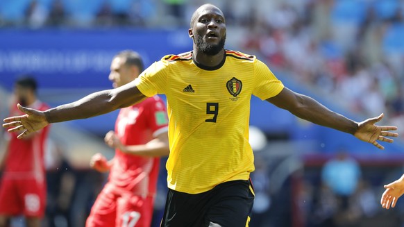 Belgium&#039;s Romelu Lukaku celebrates after scoring his side&#039;s second goal during the group G match between Belgium and Tunisia at the 2018 soccer World Cup in the Spartak Stadium in Moscow, Ru ...