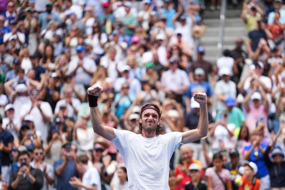 Stefanos Tsitsipas, of Greece, celebrates winning a match against Arthur Fils, of France, during the first round of the U.S. Open tennis championships, Monday, Aug. 31, 2026, in New York. (AP Photo/Ki ...