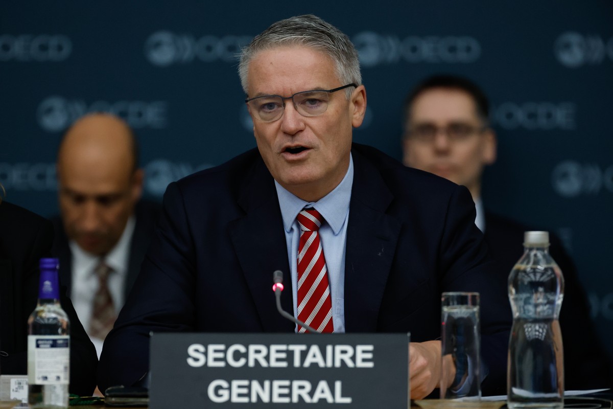 epa11894992 OECD Secretary-General Mathias Cormann speaks during a 'OECD Social Policy Ministerial and High-Level Policy Forum' at the OECD headquarters in Paris, France, 14 February 2025. E ...