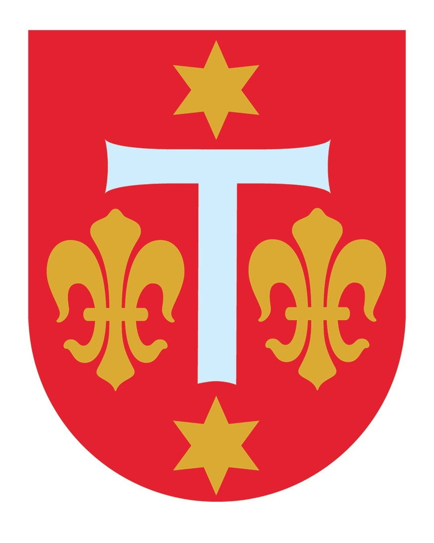 Wappen der Imfeld. Es zeigt ein silbernes Antoniuskreuz, von zwei Sternen oben und unten und zwei Lilien links und rechts umrahmt. Das Wappen des Stammvaters Niklaus Imfeld (vor 1500–1556) hatte noch  ...