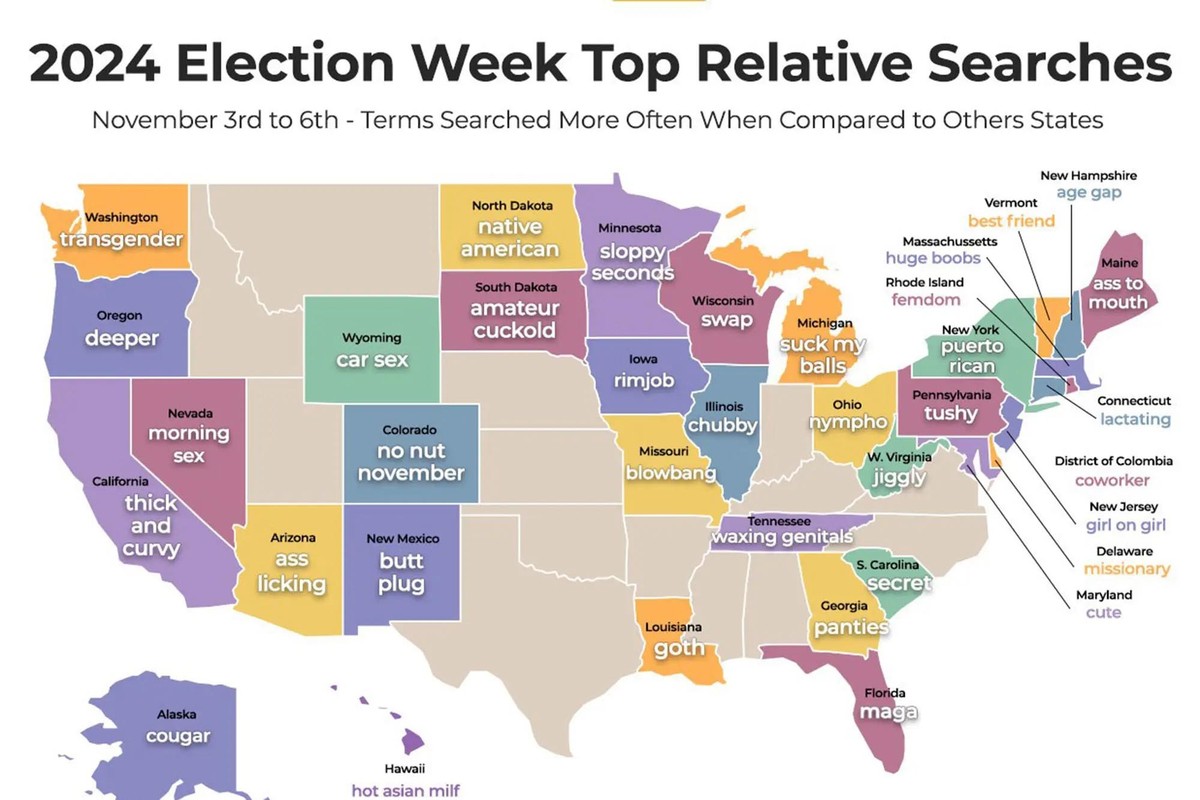 Carte des Etats-Unis et des mots clés recherchés sur Pornhub durant la semaine électorale américaine.