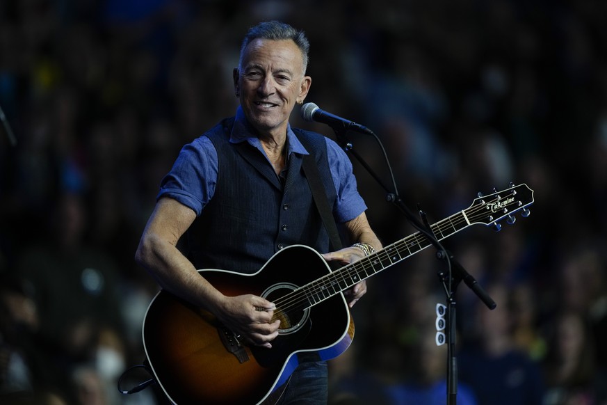 Bruce Springsteen performs at a campaign rally supporting Democratic presidential nominee Vice President Kamala Harris, Monday, Oct. 28, 2024, in Philadelphia. (AP Photo/Matt Rourke)
