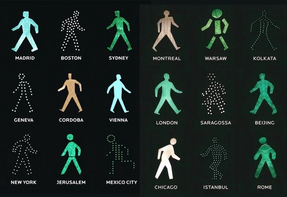The Walking Men Worldwide project by Maya Barkai has collected images of traffic icons from around the world, presenting them on posters but also as urban installations at human scale.

https://www.in ...