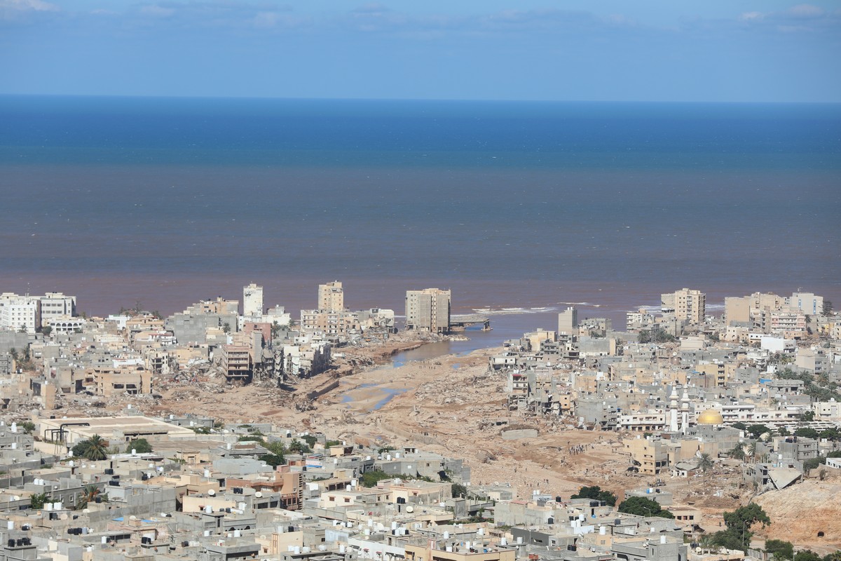 epa10859582 A general view of Derna, Eastern Libya, 13 September 2023, days after Storm Daniel brought heavy rains to the area resulting in the collapse of two dams and a flash flood which especially  ...