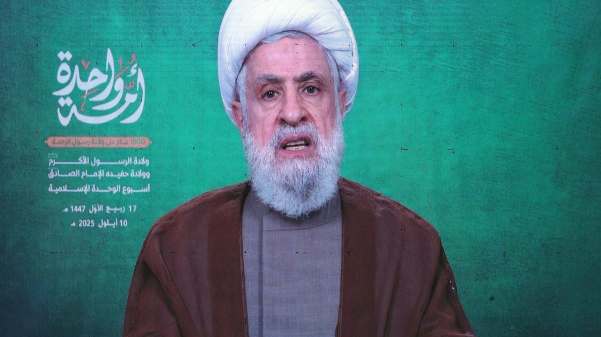 epa12367749 Hezbollah Secretary General Sheikh Naim Qassem delivers a televised speech marking the birth anniversary of Prophet Mohammad (PBUH) in the southern suburb of Beirut, Lebanon, 10 September  ...