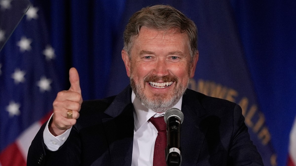 Rep. Thomas Massie, R-Ky., gives a thumbs-up on stage during an election night watch party after losing the Republican party's nomination at the Marriott Cincinnati Airport, Tuesday, May 19, 2026 ...