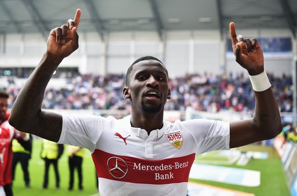 PADERBORN, GERMANY - MAY 23: Antonio Ruediger of Stuttgart celebrates staying in the first Bundesliga after winning the Bundesliga match between SC Paderborn 07 and VfB Stuttgart at Benteler Arena on  ...