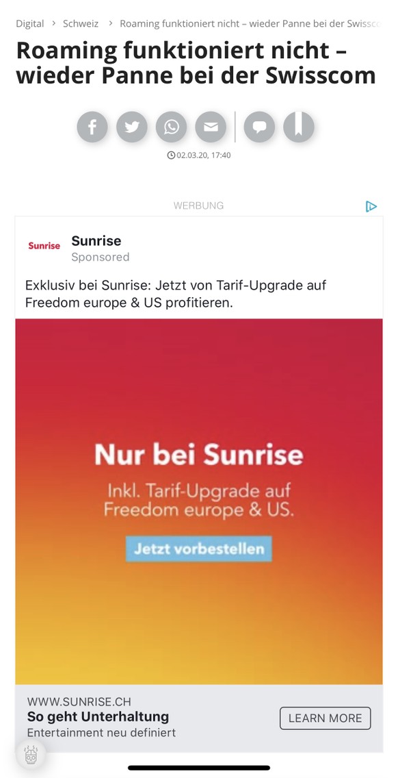 Roaming funktioniert nicht â wieder Panne bei der Swisscom
Gut platzierte Werbung.