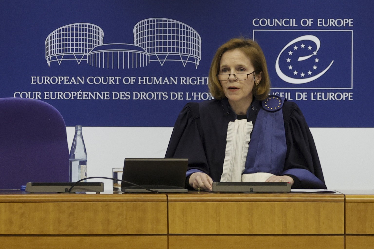 epa11266831 Judge Siofra O?Leary of the European Court of Human Rights (ECHR) speaks in the court during the judgement in a case against different European countries accused of climate inaction, at th ...