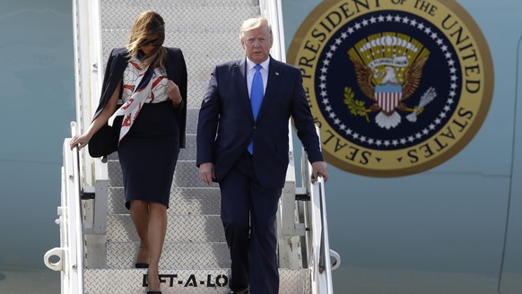 President Donald Trump and first lady Melania Trump arrive at Stansted Airport in England, Monday, June 3, 2019 at the start of a three day state visit to Britain. (AP Photo/Kirsty Wigglesworth)