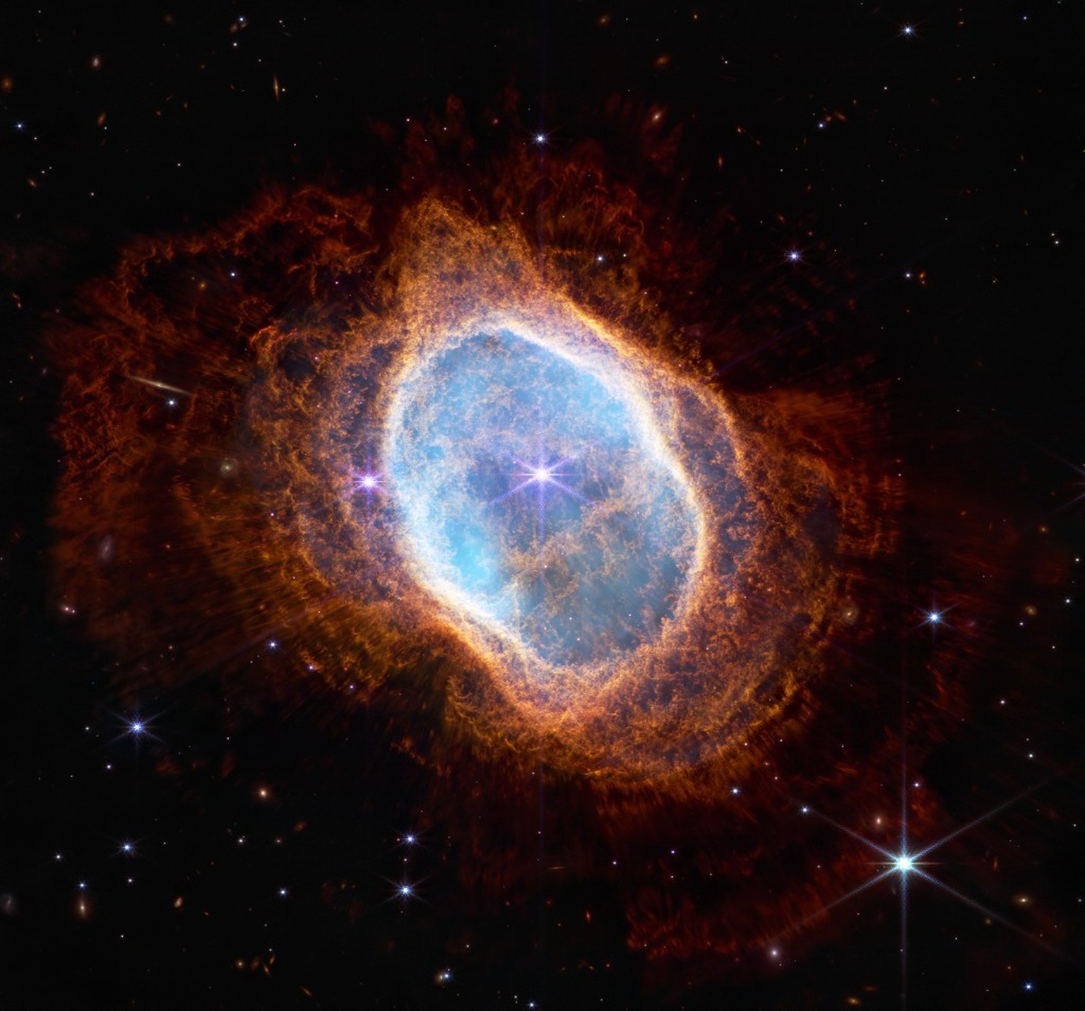 Webb&#039;s Southern Ring Nebula
Cataloged as NGC 3132 the Southern Ring Nebula is a planetary nebula, the death shroud of a dying sun-like star some 2,500 light-years from Earth. Composed of gas and  ...