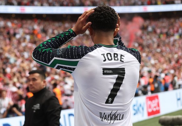 Jobe Bellingham of Sunderland A.F.C. in shock as Sunderland take the lead Sheffield United v Sunderland A.F.C, Football, Sky Bet Championship Play-Off Final, Wembley Stadium, London, UK - 24/05/25 EDI ...