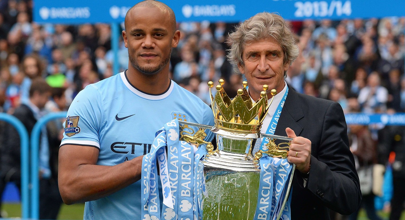 Wiederholt sich dieses Bild? Vincent Kompany und Manuel Pellegrini im vergangenen Mai mit der Meistertrophäe.&nbsp;