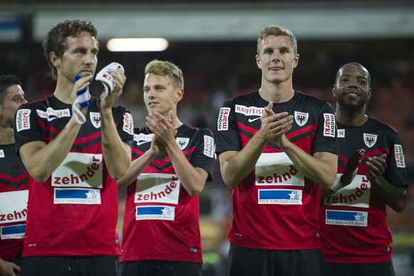 Die Aarauer juebeln nach dem gewonnenen Spiel beim Fussball Meisterschaftsspiel der Super League zwischen dem FC Aarau und dem FC Thun am Freitag, 29. Mai 2015, im Bruegglifeld Stadion in Aarau. (KEYS ...