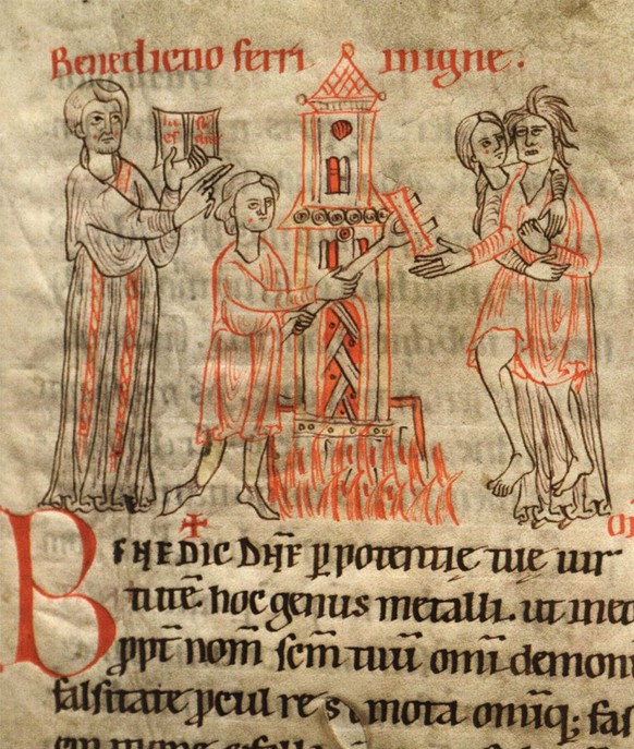 Illustration im Rituale Romanum aus dem 12. Jahrhundert: Eine andere Variante der Feuerprobe bestand darin, dass die Angeklagte ein glühendes Eisen über eine Distanz von mindestens neun Fuss tragen mu ...