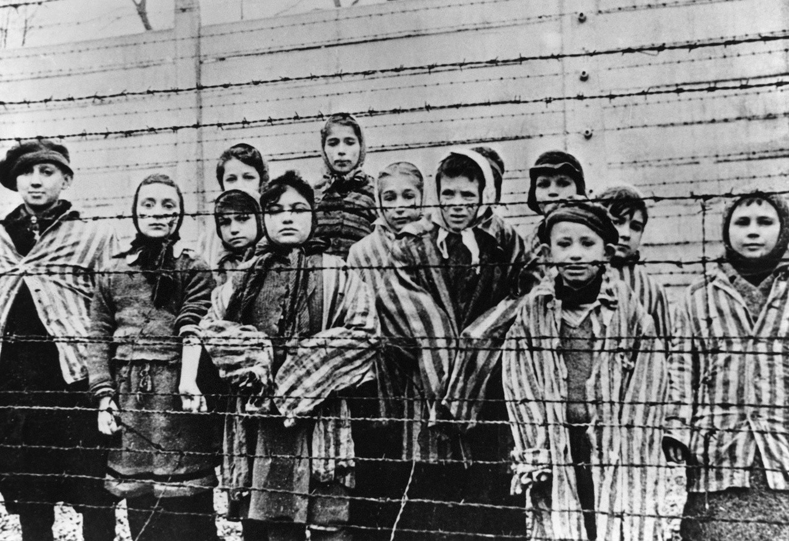 A picture taken just after the liberation by the Soviet army in January, 1945, shows a group of children wearing concentration camp uniforms including Martha Weiss who was ten years-old, 6th from righ ...
