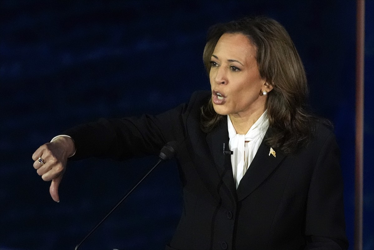 Democratic presidential nominee Vice President Kamala Harris gestures as she speaks during a presidential debate with Republican presidential nominee former President Donald Trump at the National Cons ...