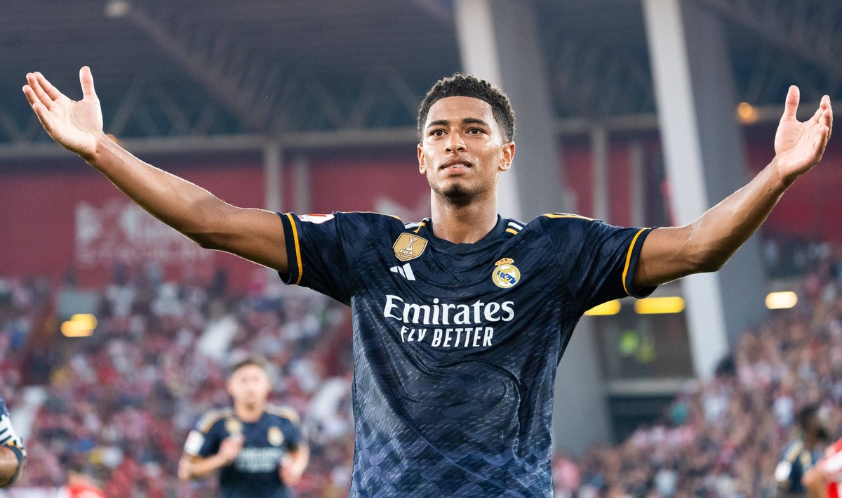 Sport Themen der Woche KW33 Sport Bilder des Tages August 19, 2023, Almeria, Spain: Jude Bellingham seen celebrating a goal during the LaLiga EA Sports 2023/2024 match between UD Almeria and Real Madr ...