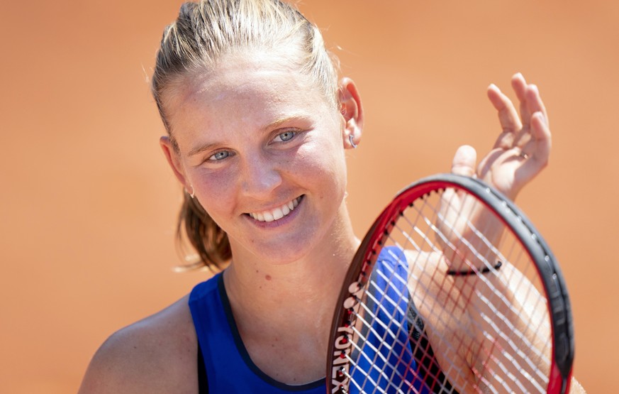 epa07728811 Fiona Ferro from France celebrates winning her semi final match against Bernarda Pera from USA at the WTA International Ladies Open Lausanne tournament, in Lausanne, Switzerland, 20 July 2 ...