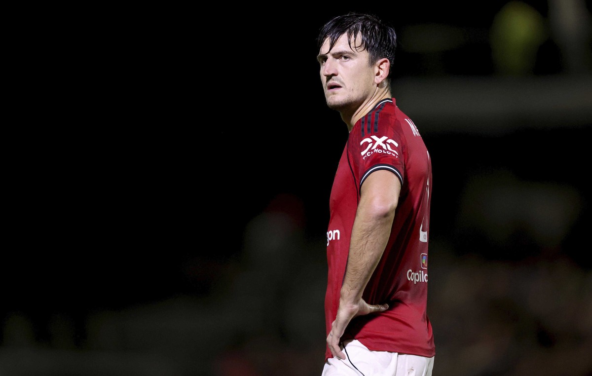 Manchester United's Harry Maguire reacts during an English League Cup second round soccer match against Grimsby Town, Wednesday, Aug. 27, 2025, at Hill Blundell Park in Grimsby, England. (Nigel F ...