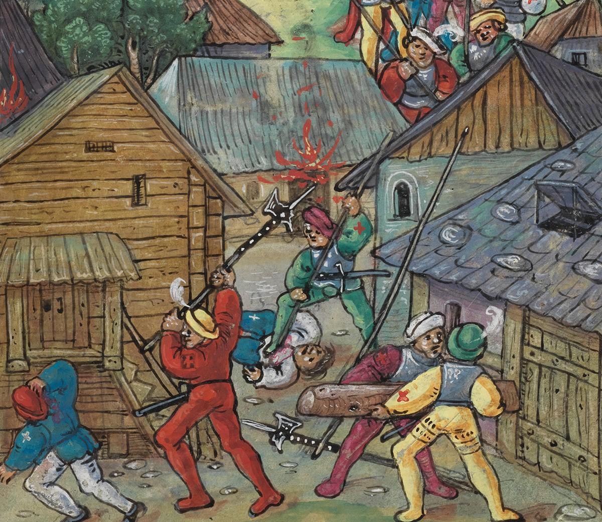 Wie Maienfeld in dieser Abbildung wurden viele Städte in Graubünden, insbesondere im Oberengadin, während des Krieges von den Österreichern zerstört.
https://www.e-codices.ch/fr/kol/S0023-2/357