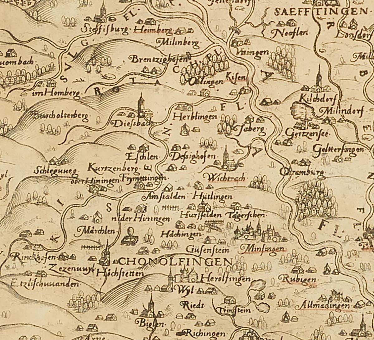 Les collines du Buchholterberg et l’église de Diessbach, représentées sur une carte de l’État de Berne, 1672.
https://www.e-rara.ch/bes_1/doi/10.3931/e-rara-76375