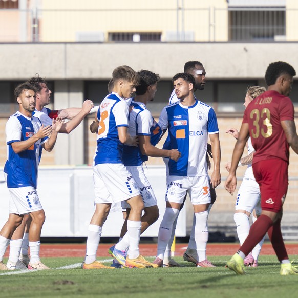 Tim Meyer (G), celebrate 0-1 goal, during the Swiss Cup round of 32 match between AC Bellinzona and Grasshopper, at the Stadio Comunale in Bellinzona, Sunday, September 21, 2025. (KEYSTONE / Ti-Press  ...